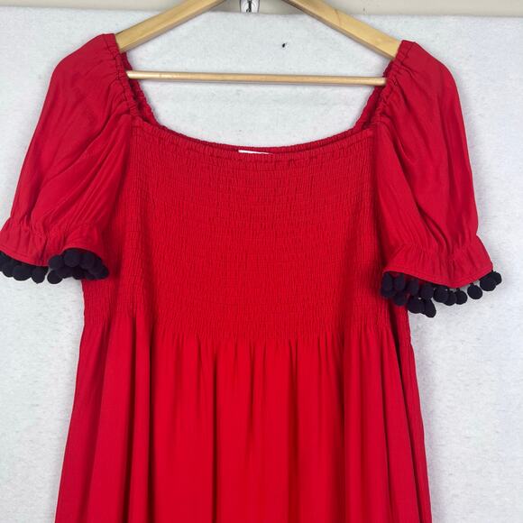 STS Sail to Sable Red SMOCKED FLUTTER SLEEVE Pom Pom Mini DRESS L PREPPY - Picture 8 of 12